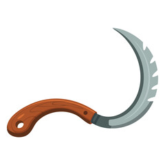 Sickle flat cartoon icon, hook sickle vector illustration for design and web isolated on white background, perfect for farming and tool themes.