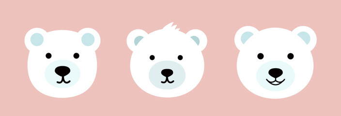 Set of cute polar bear head icon element.
Polar bear face flat vector illustration.