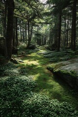 Obraz premium Sunlit forest path through moss-covered rocks