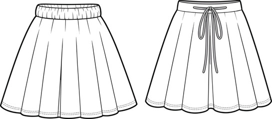 Flared skirt front and back view with elastic waistband and drawstring detail, cad drawing, flat vector fashion technical illustration