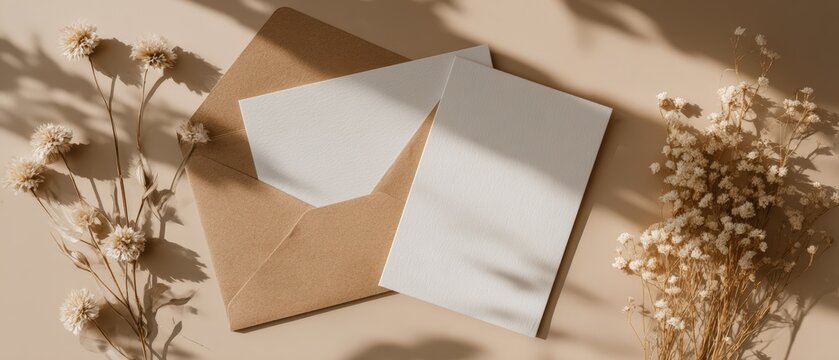 Elegant flat lay of blank greeting cards and envelope surrounded by dried flowers on warm beige background - Powered by Adobe
