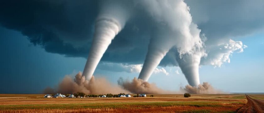 Twin Tornadoes: A dramatic portrayal of the raw power of nature, showcasing twin tornadoes touching down across a vast rural landscape. Capturing the force and awe of meteorological marvel.