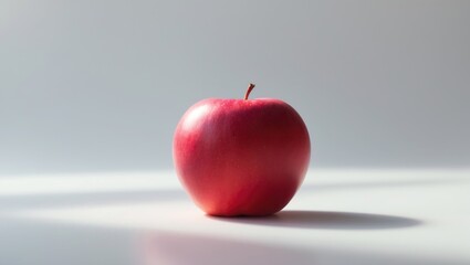 Red apple on a plain surface with a soft shadow. Fresh fruit and healthy eating concept. Simple and clean aesthetic. The focus on the apple's color and texture.