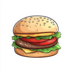 Cartoon burger cheese lettuce tomato sesame bun delicious doodle