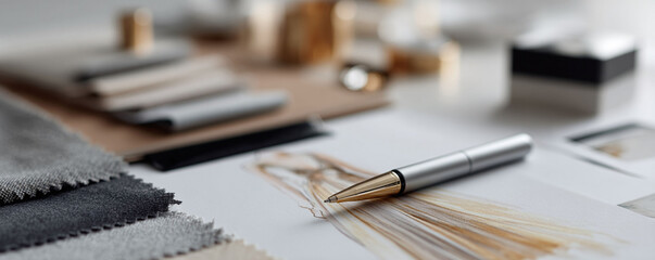 Creative workspace showcasing a fashion design sketch, textile swatches, and design tools. Represents artistry, inspiration, and the design process.