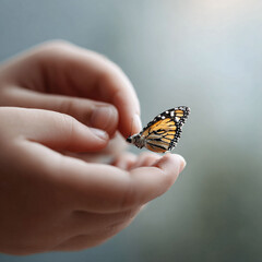 Gentle hands holding a monarch butterfly. Symbolizes hope, transformation, fragility, and new beginnings. Perfect for nature, childhood, or inspirational themes.
