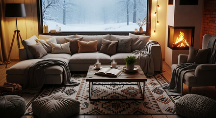 Cozy living room with fireplace and snow falling outside