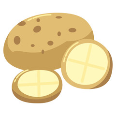 Illustration of potato with sliced piece, fresh vegetable for cooking, organic farming, healthy diet, vegan food, and natural harvest.
