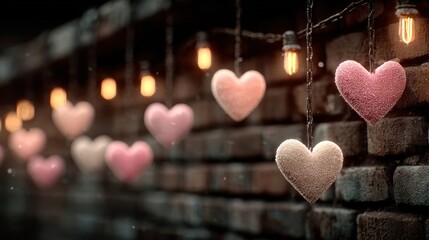 Valentines day neon lights hearts glitter shiny heart falling on brick wall animation romantic motion background