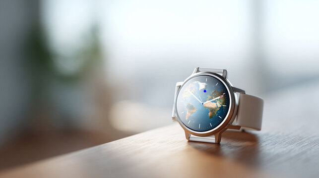 A modern smartwatch displays a world map, symbolizing global connectivity and time zones. Ideal for showcasing tech, travel, or international business concepts. - Powered by Adobe