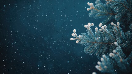 detailed winter snow scene, dense evergreen pine tree branches covered in snow, glowing snowflakes falling against dark moody blue background, intricate snow crystal details, magical, mystical, winter