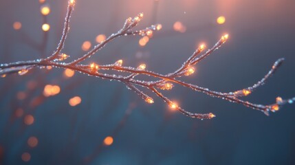 Glowing fairy lights on a branch create a warm Christmas atmosphere for holiday designs.
