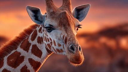 Giraffe at sunset in natural habitat. A tall giraffe against a vibrant sunset, displaying its unique patterns and calm expression in the wild.