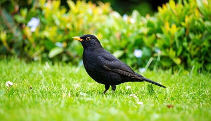 Blackbird in grassy garden