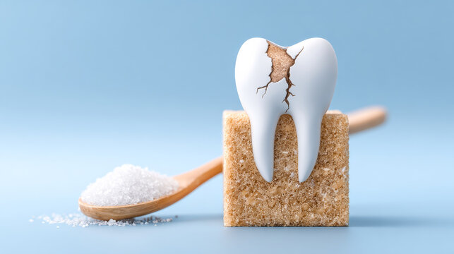 Sugar affects dental health. A broken tooth model rests on a sugar cube by a spoon of sugar, showcasing dental effects.