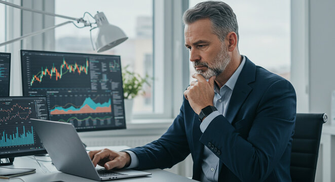 Focused businessman analyzing financial data on multiple screens with laptop in modern office setting - Powered by Adobe