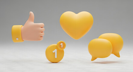 Yellow 3d social media icons, like, heart, chat, notification, number one