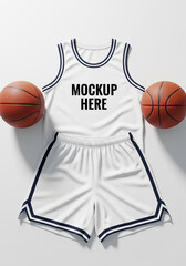 A blank white basketball uniform, including a jersey and shorts with navy blue trim, is laid out with two basketballs, creating a clean and professional sports apparel mockup.