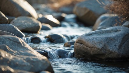Fototapeta premium Stream flowing through rocks in nature with clear water and natural surroundings. Nature and water scene, tranquility, and outdoor environment.