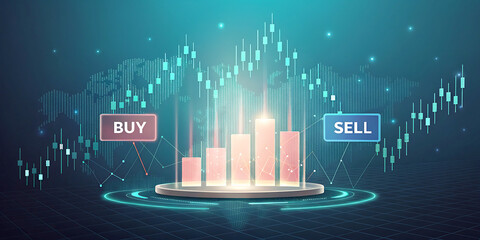 Financial Market Analysis with Buy and Sell Indicators and Candlestick Chart Representing Stock Exchange Trends