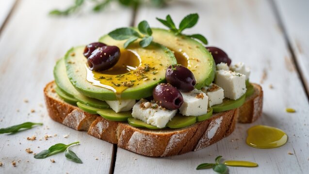 Avo toast with sliced avocado, feta cheese, olives, and a fried egg on whole grain bread, garnished with herbs and drizzled with olive oil. - Powered by Adobe