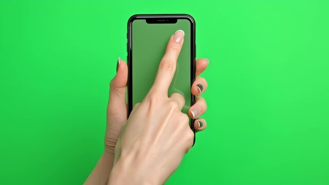 Swipe up gesture. Female hand scrolls left swiping on chroma key green screen background. Using a smartphone, tablet pc or a touchscreen. Interface concept. Swiping left and right and tap with finger
