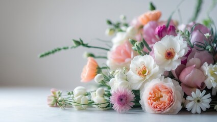 A bouquet of flowers with roses, daisies, and other blooms in soft pink, white, and peach tones arranged on a white surface.