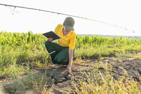 Farmer inspecting dry field with tablet and irrigation pivot