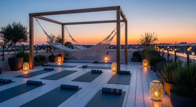 Transforming urban living an elegant rooftop retreat designed as a personal home wellness space, offering tranquil yoga and mindful relaxation for apartment dwellers