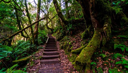 Lush forest trail with wooden stairs