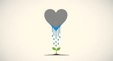 A minimalist concept of a melting grey heart dripping water onto a small green sprout, symbolizing growth from sadness, hope from grief, or compassionate giving