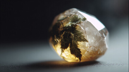 A captivating macro shot of a crystal encasing a leaf, blending nature and geology. Represents preservation, beauty, and the earths wonders. Great for science, art, or conceptual projects.