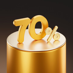 Golden metallic 70% or 70 percent on golden podium. isolated on dark background. 3D render