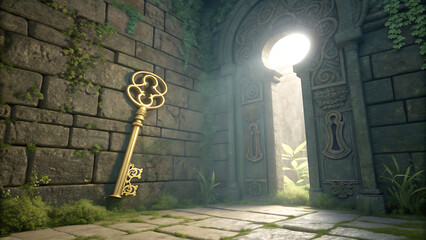 Golden key against old stone wall near arched doorway leading to bright light and lush greenery mystery and adventure concept
