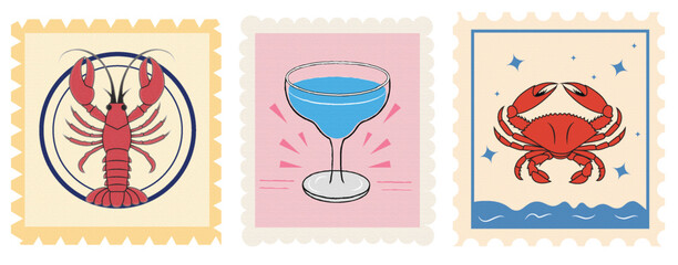 Vintage Seafood & Drink Stamp Illustrations – Lobster, Crab & Cocktail Design Pack