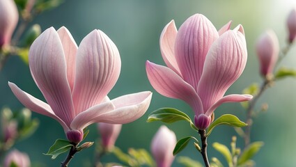 Fototapeta premium Pink magnolia flowers blooming with fresh green leaves, close-up shot.