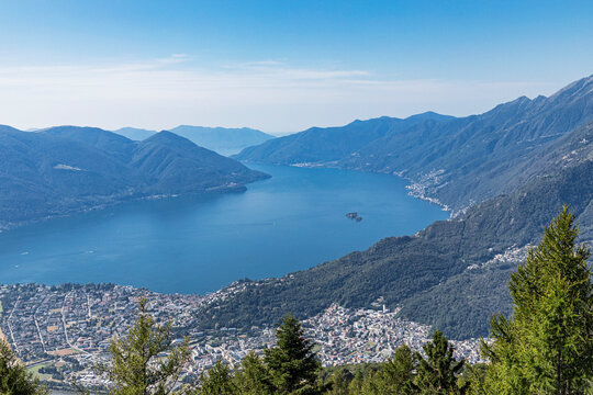 Scenic panoramic view of Lago Maggiore from Cardada near Ascona in Ticino
