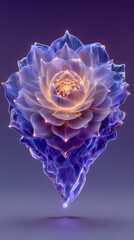 Ethereal flower floating in purple light. A delicate flower blooms in luminous shades of purple and gold, suspended in a surreal light.