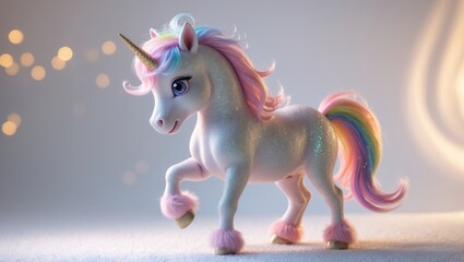 A cute unicorn toy with a rainbow mane and tail, glittery body, and horn, standing on a soft surface with blurred lights in the background.