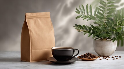 steaming cup of black coffee sits on  saucer next to  pile of roasted coffee beans and  large brown paper bag with  potted green plant in  background