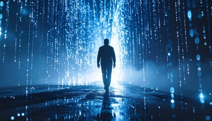 A silhouette of a man walking on a wet road, surrounded by a rain of glowing digital binary code. This image symbolizes the concept of artificial intelligence (AI), the digital world, and the interact