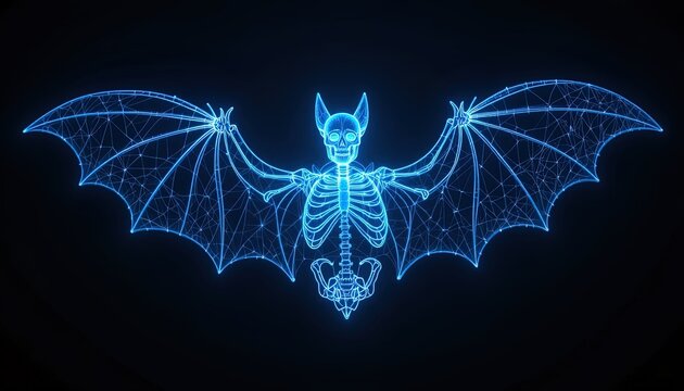A glowing, digital representation of a bat's skeleton, showcasing intricate wing details against a dark backdrop.