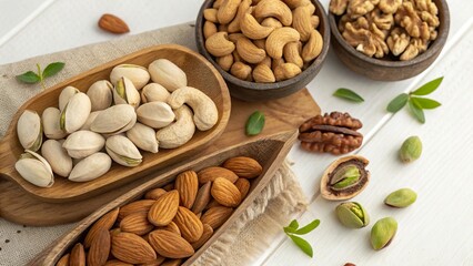 Selection of assorted nuts including almonds, cashews, walnuts, and pistachios displayed on a wooden platter