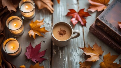 Autumn scene with coffee, candles, books, and colorful fall leaves on rustic wooden table