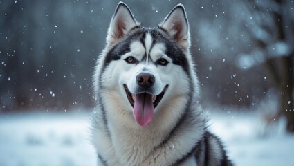 Naklejka premium Husky dog in winter snow with snowflakes falling, outdoor setting. Animal and winter scene. Cold weather and winter landscape. The image of a Siberian Husky in a snowy environment.