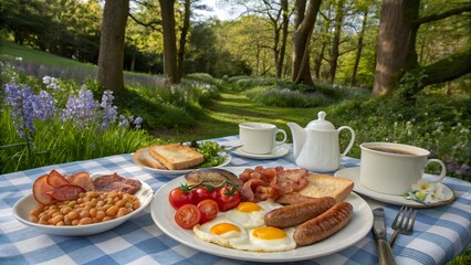Traditional English breakfast served outdoors in a picturesque garden with greenery and colorful flowers