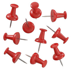Red Push Pins on Transparent Background. 3d push pins pinned in different angles pin. Scattered red pushpins with metal pins on a flat surface. 