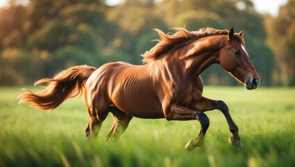 Fototapeta premium A majestic horse running freely in a green field during sunset.