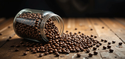 Glass Jar Fallen on Wooden Table with Coffee Beans &ndash; Dark Background