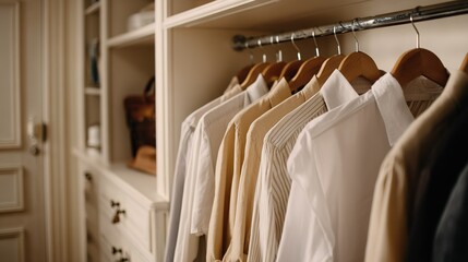 row of neatly hung men's collared shirts in neutral colors displayed in  well organized closet